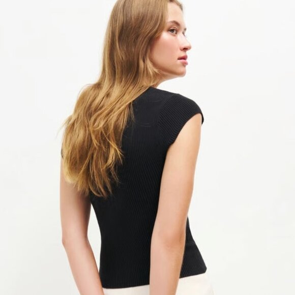 REFORMATION NADINE RIBBED KNIT FITTED SWEATER TOP SWEETHEART NECKLINE BLACK SMAL - Picture 5 of 8